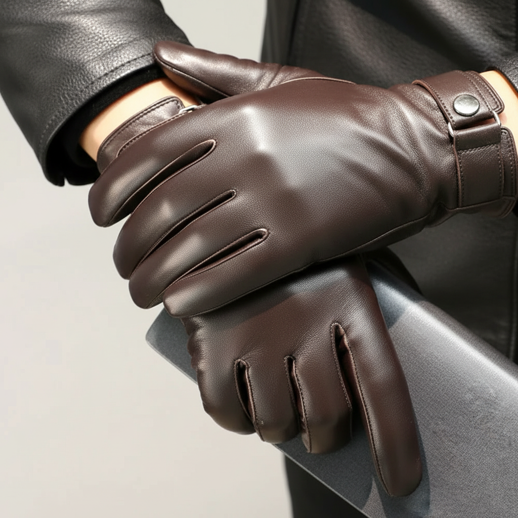 Close-up de luvas de couro castanho/bronze em mãos reais