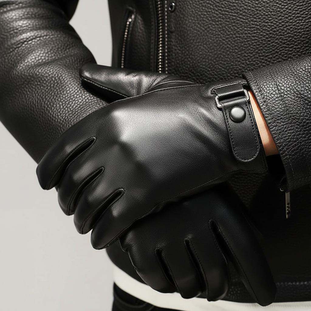 Close-up de luvas de couro preto - completamente pretas