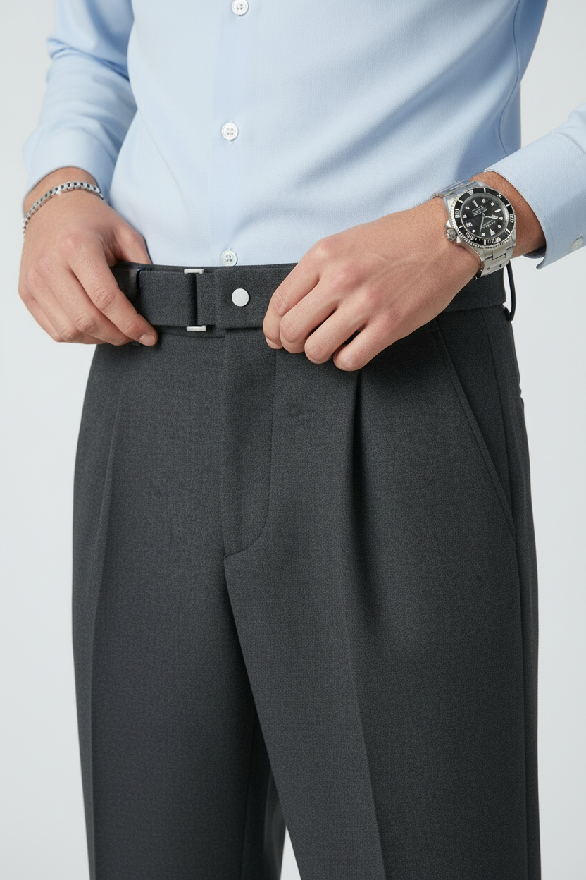 Close-up do modelo ajeitando a cintura das calças com Rolex