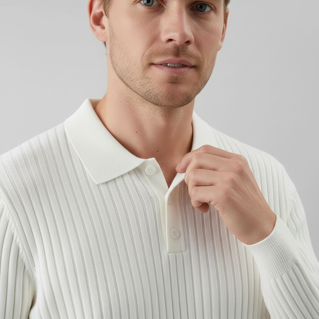 Close-up do modelo ajeitando a gola da polo branca