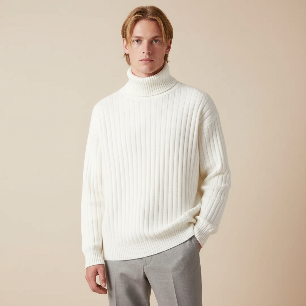 Male model wearing cream ribbed turtleneck sweater