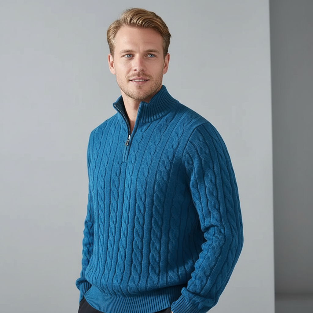 Male model wearing teal cable-knit sweater