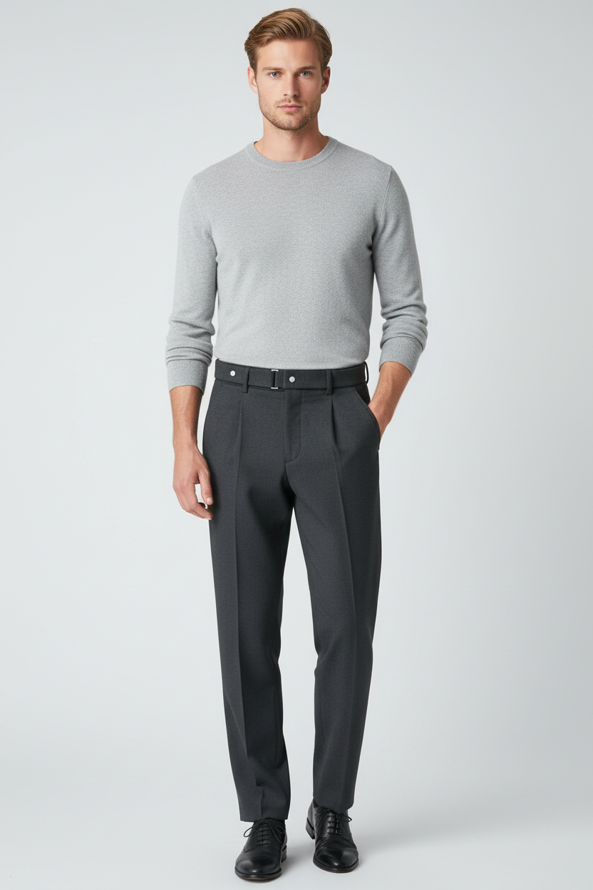 Modelo com calças cinzento escuro - com fivela central