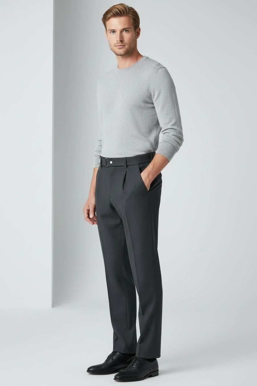 Modelo com calças cinzento escuro - ângulo diferente
