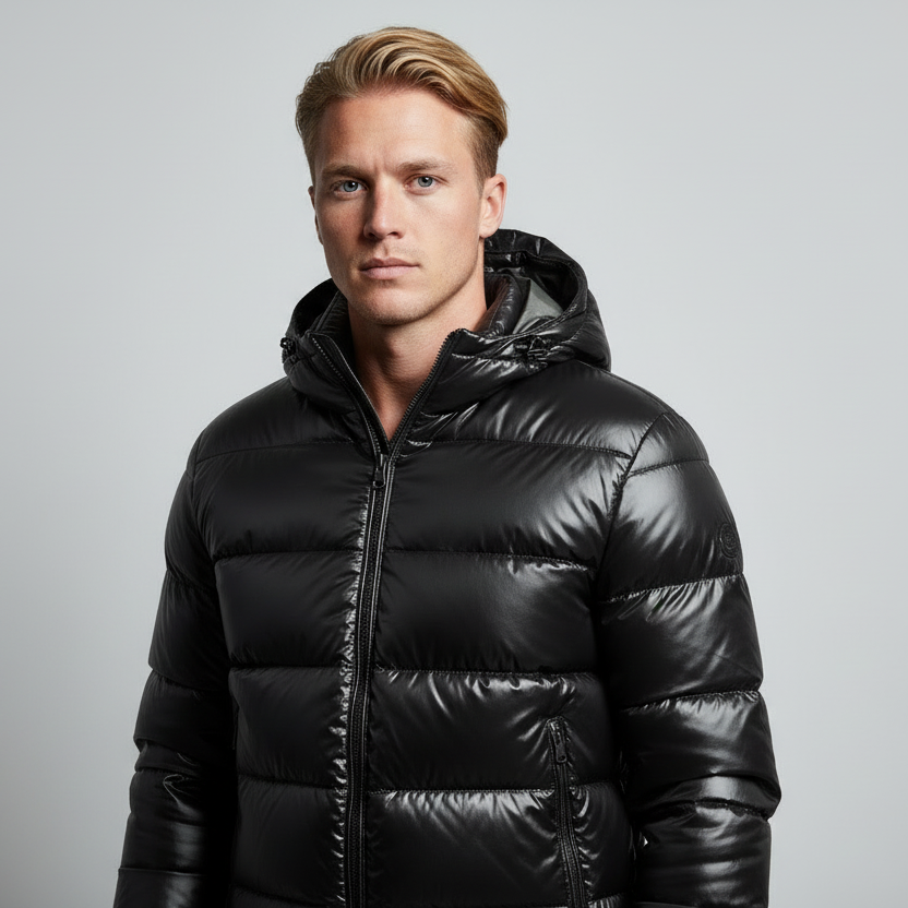 Modelo com casaco puffer preto - vista frontal