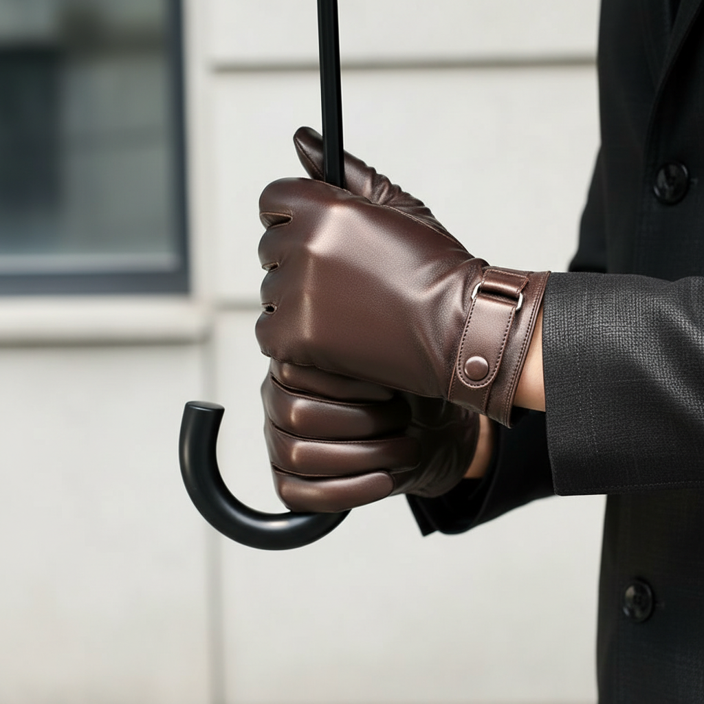Modelo com luvas castanhas/bronze segurando guarda-chuva - close nas luvas