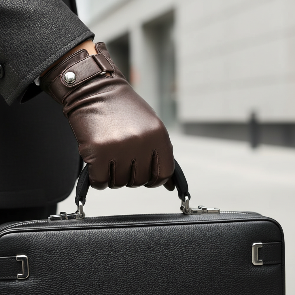 Modelo com luvas castanhas/bronze segurando mala de luxo