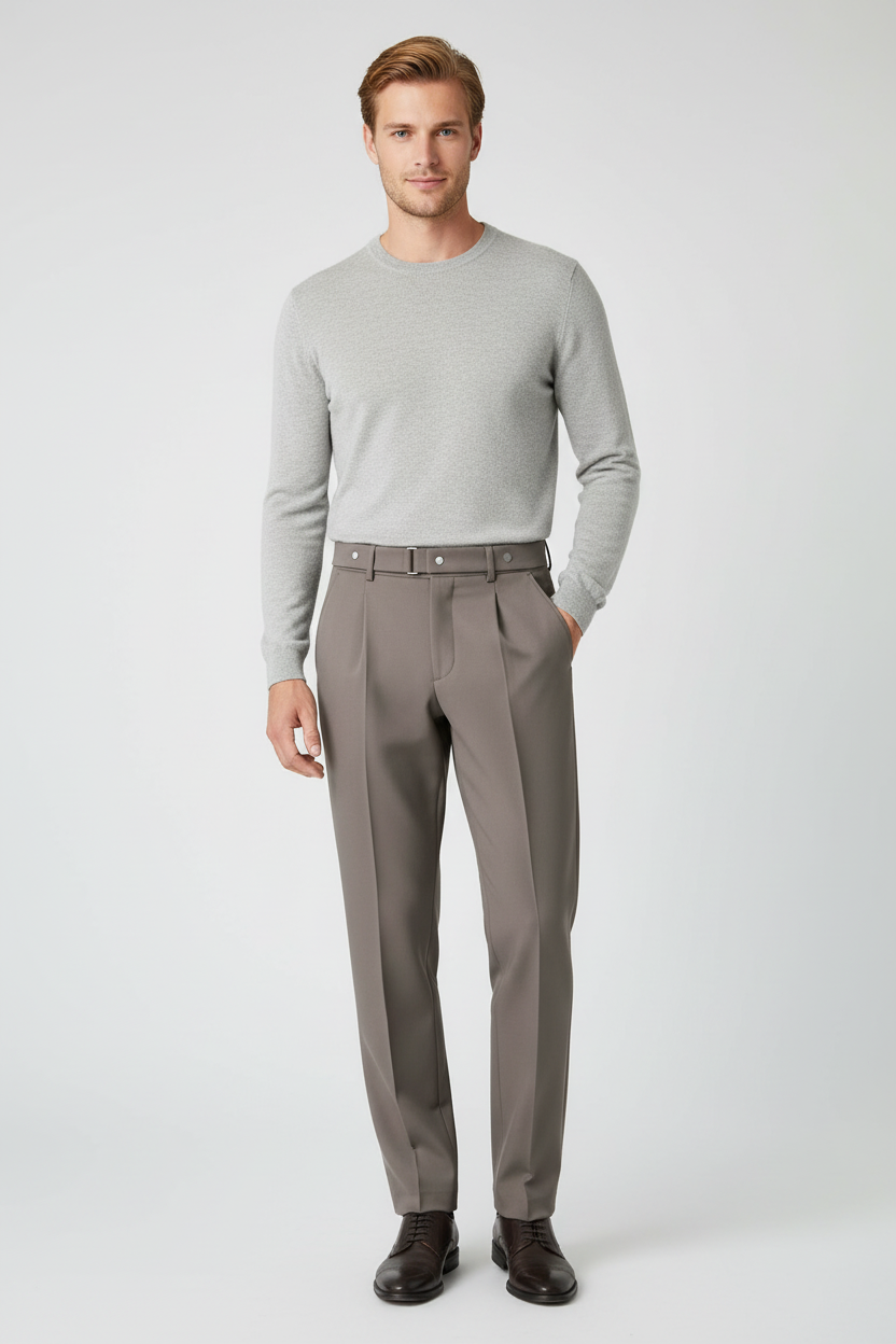 Modelo masculino com calças taupe #695B55