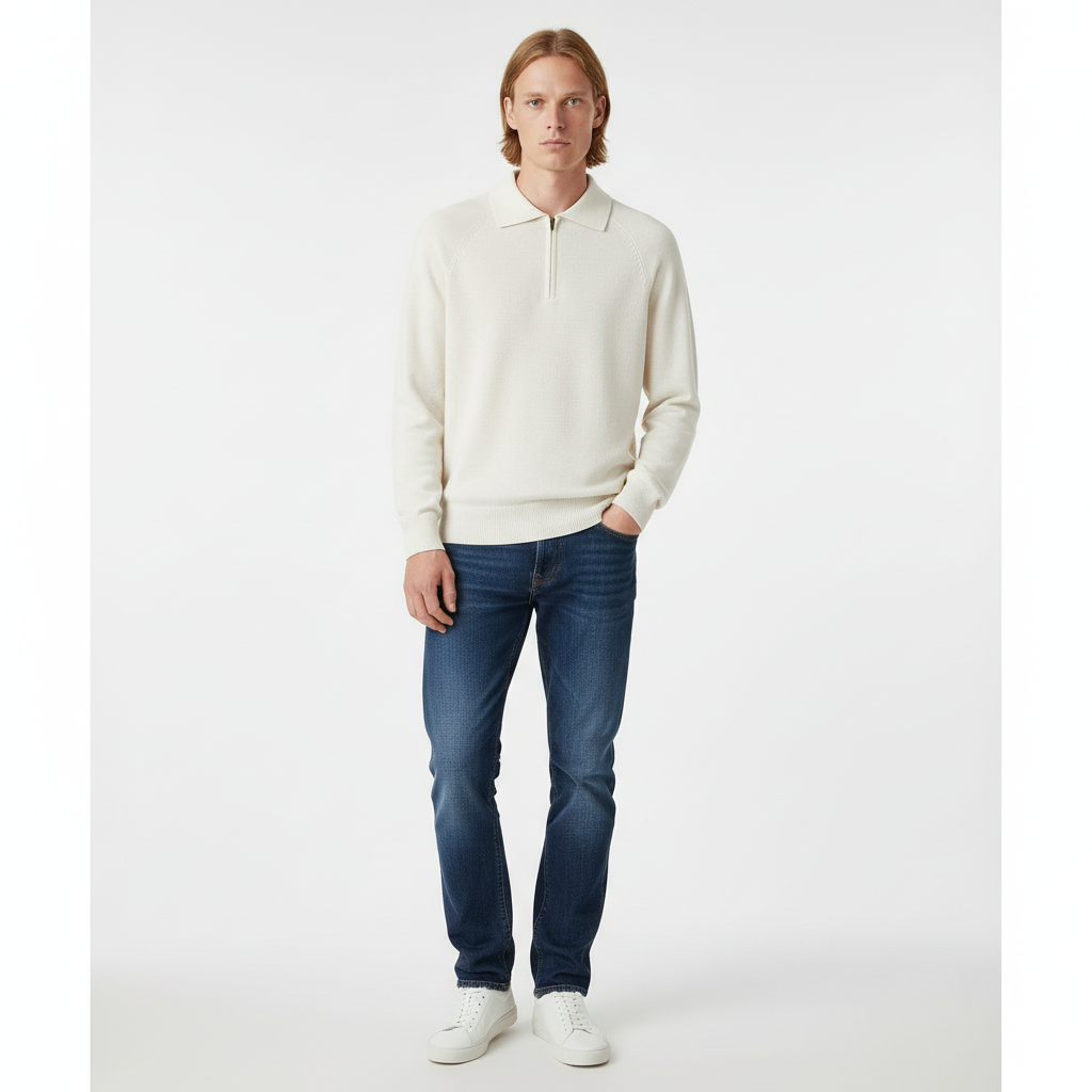 Modelo masculino com camisola branca - corpo completo fundo branco