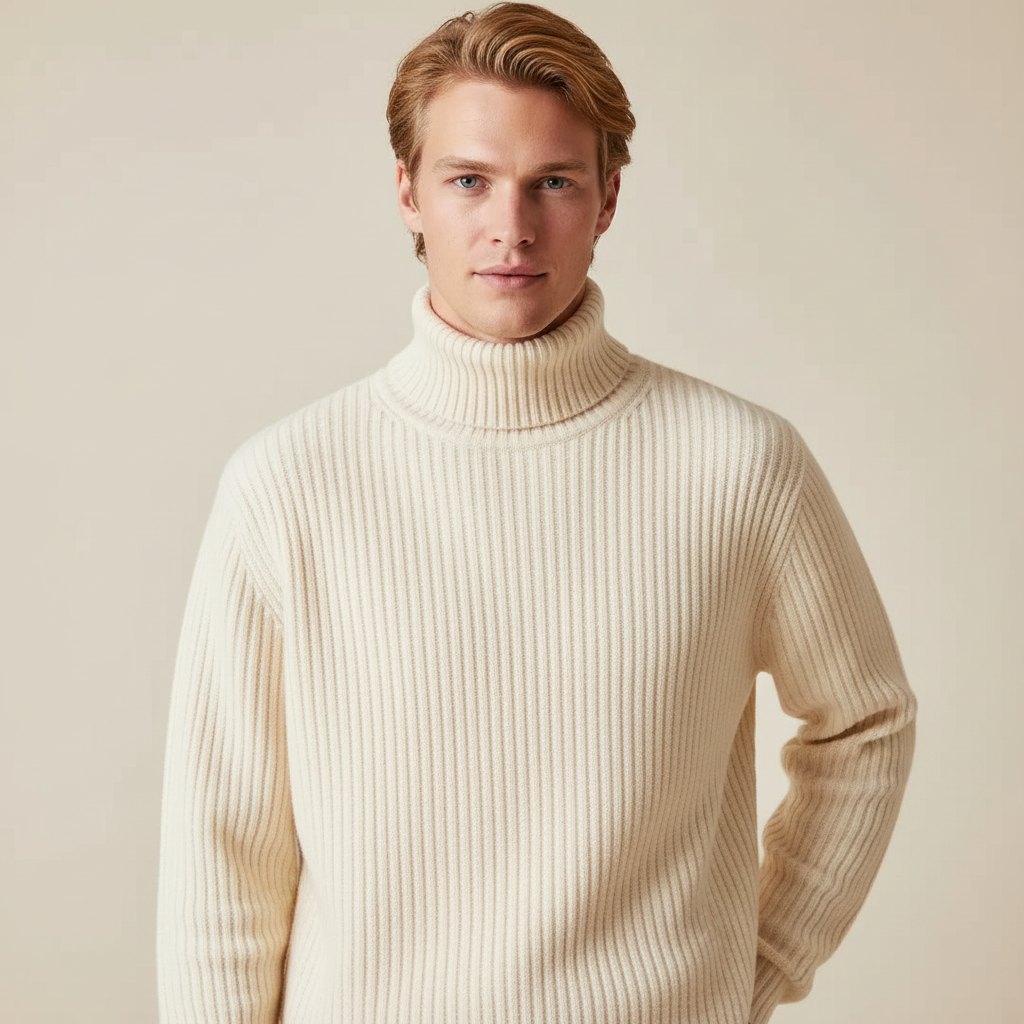 Modelo masculino com camisola creme - plano médio