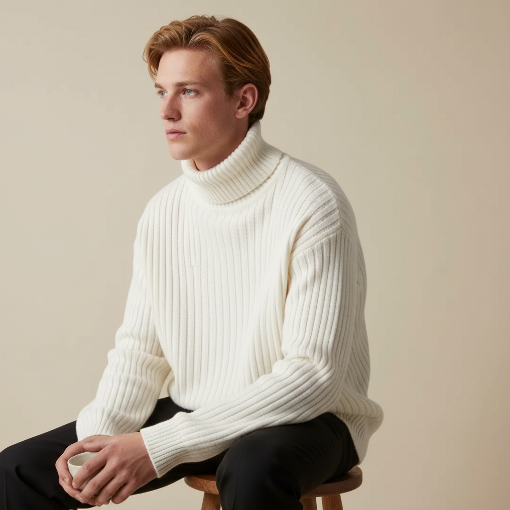 Modelo masculino com camisola creme - pose alternativa