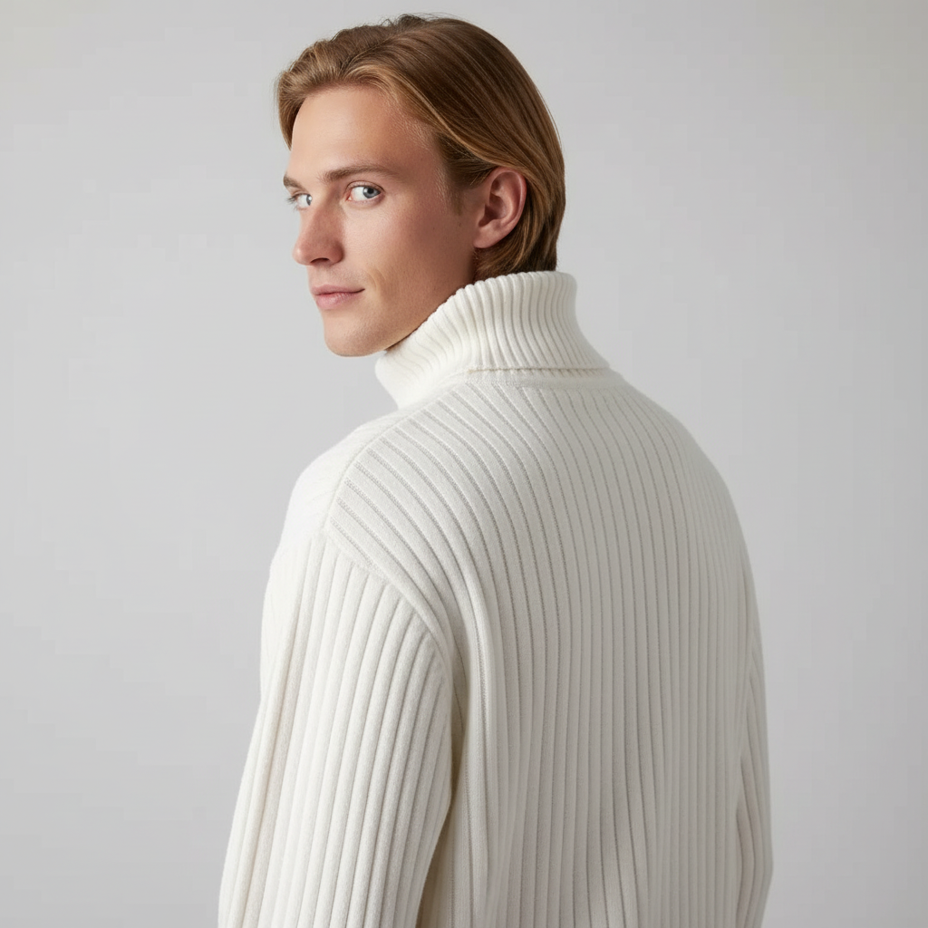 Modelo masculino com camisola creme - vista de costas