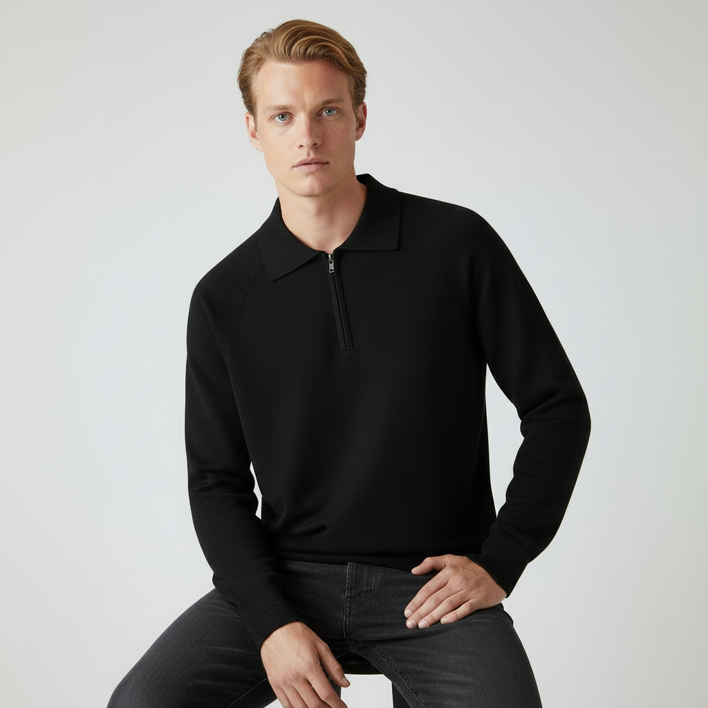 Modelo masculino com camisola preta - sentado dos joelhos para cima