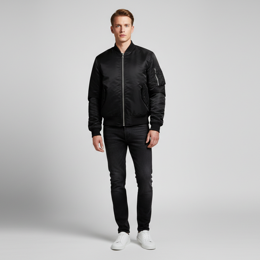 Modelo masculino com casaco bomber - corpo inteiro