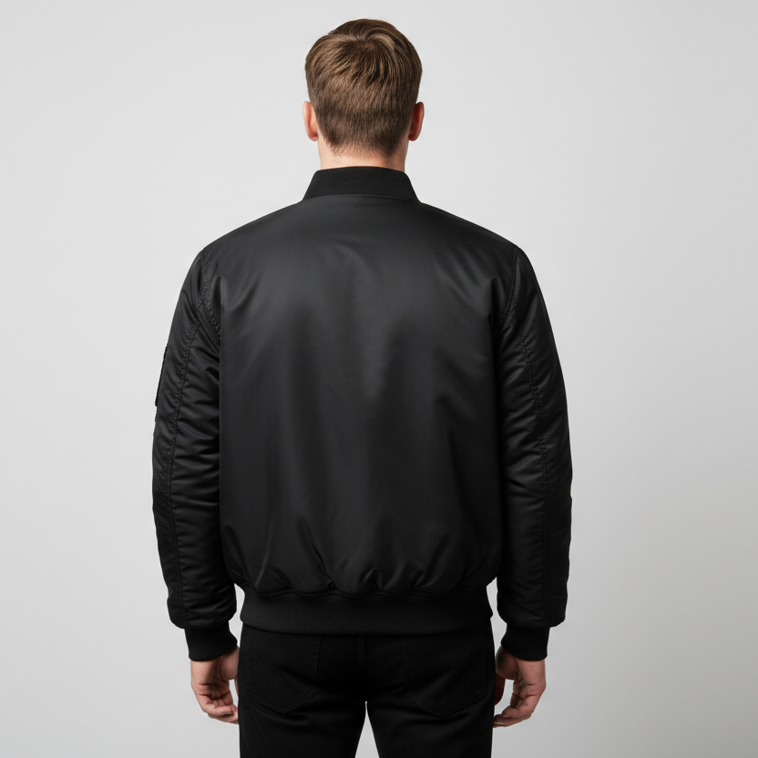 Modelo masculino com casaco bomber - vista de costas plano médio