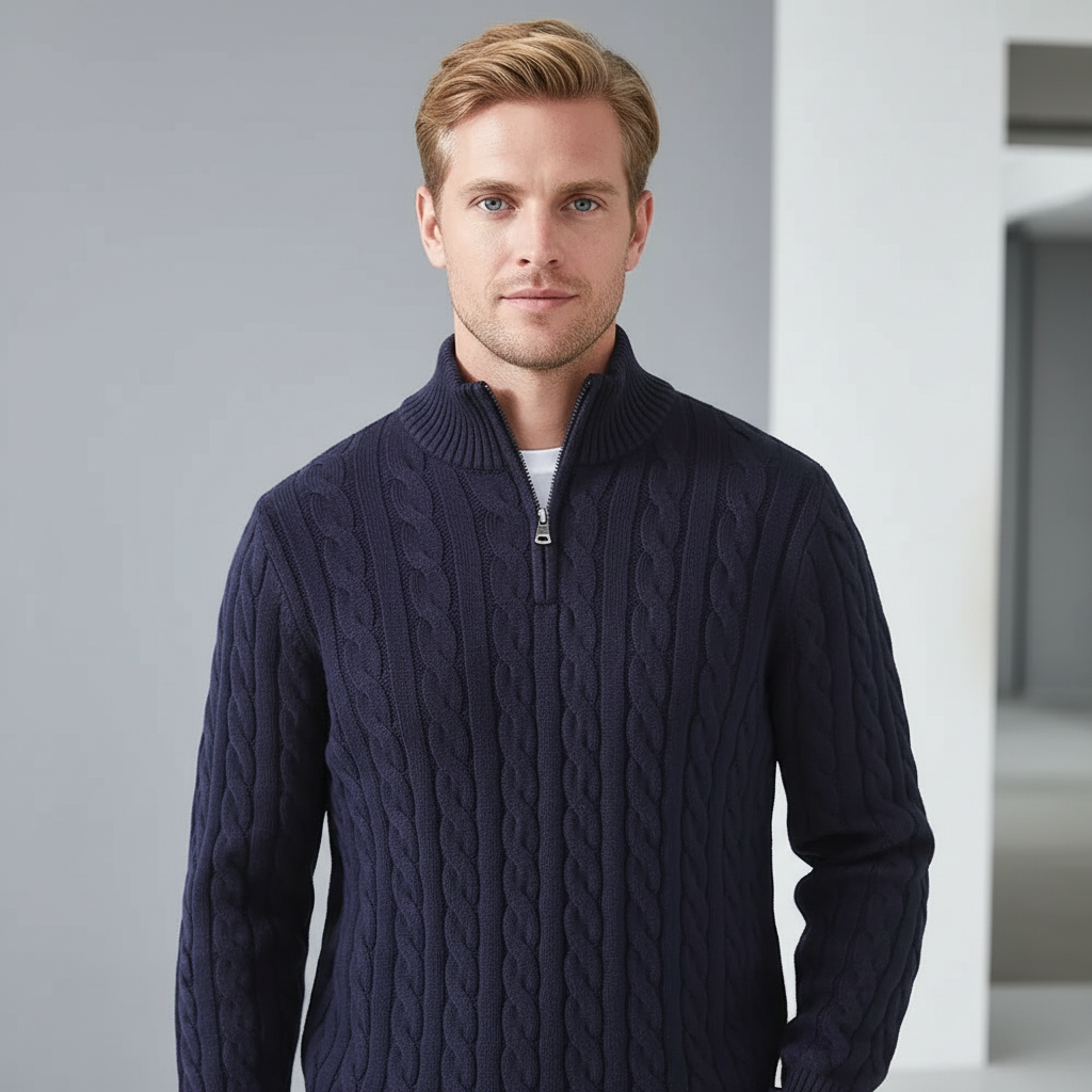 Modelo masculino com suéter azul-marinho de malha cabo