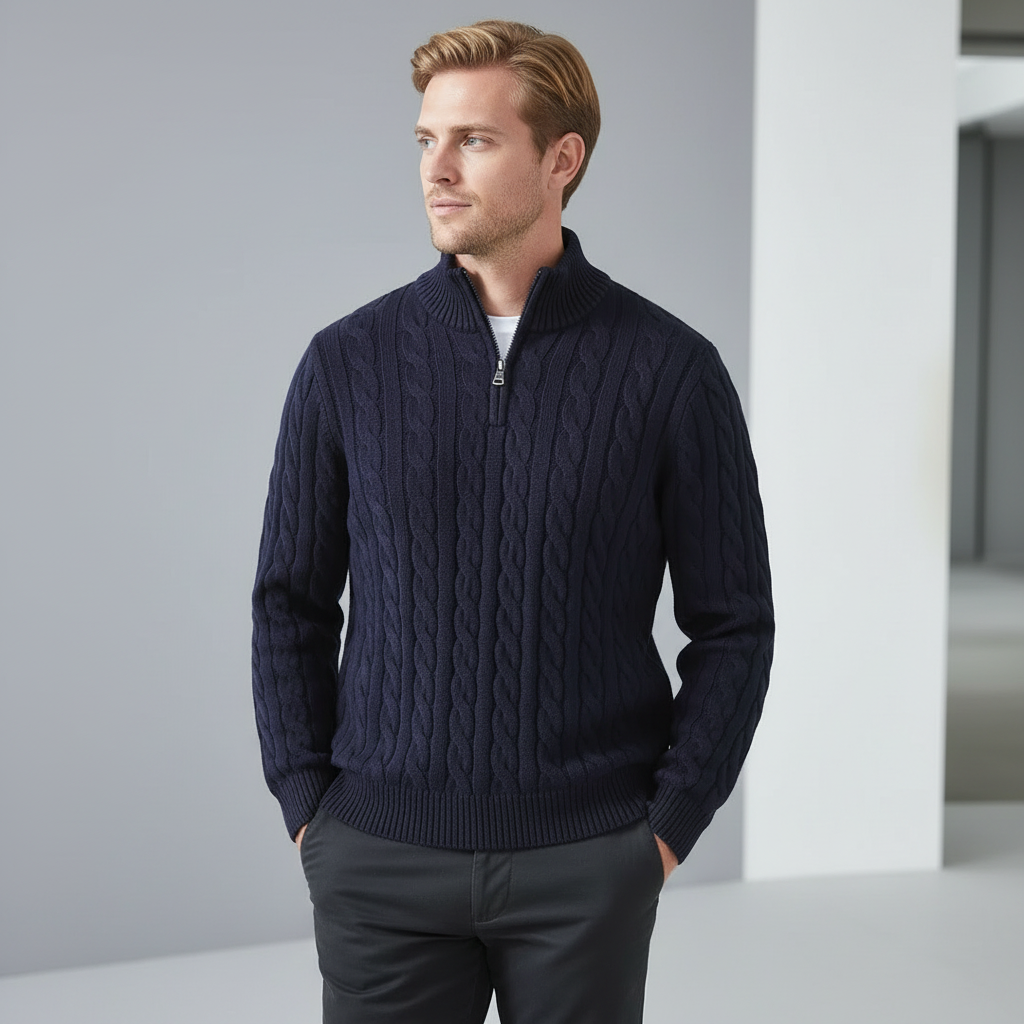 Modelo masculino com suéter azul-marinho em pose alternativa