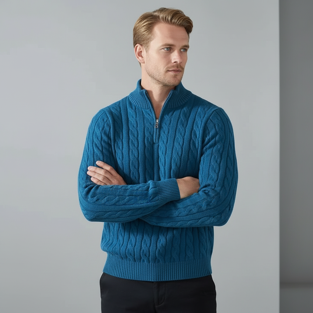 Modelo masculino com suéter azul-turquesa em pose alternativa