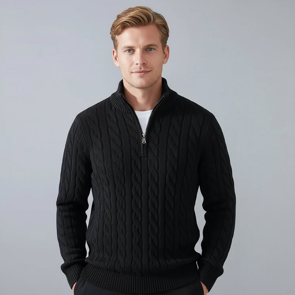 Modelo masculino com suéter preto de malha cabo