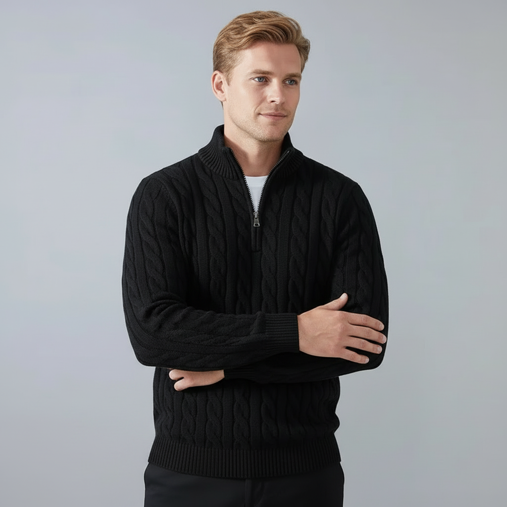 Modelo masculino com suéter preto em pose alternativa